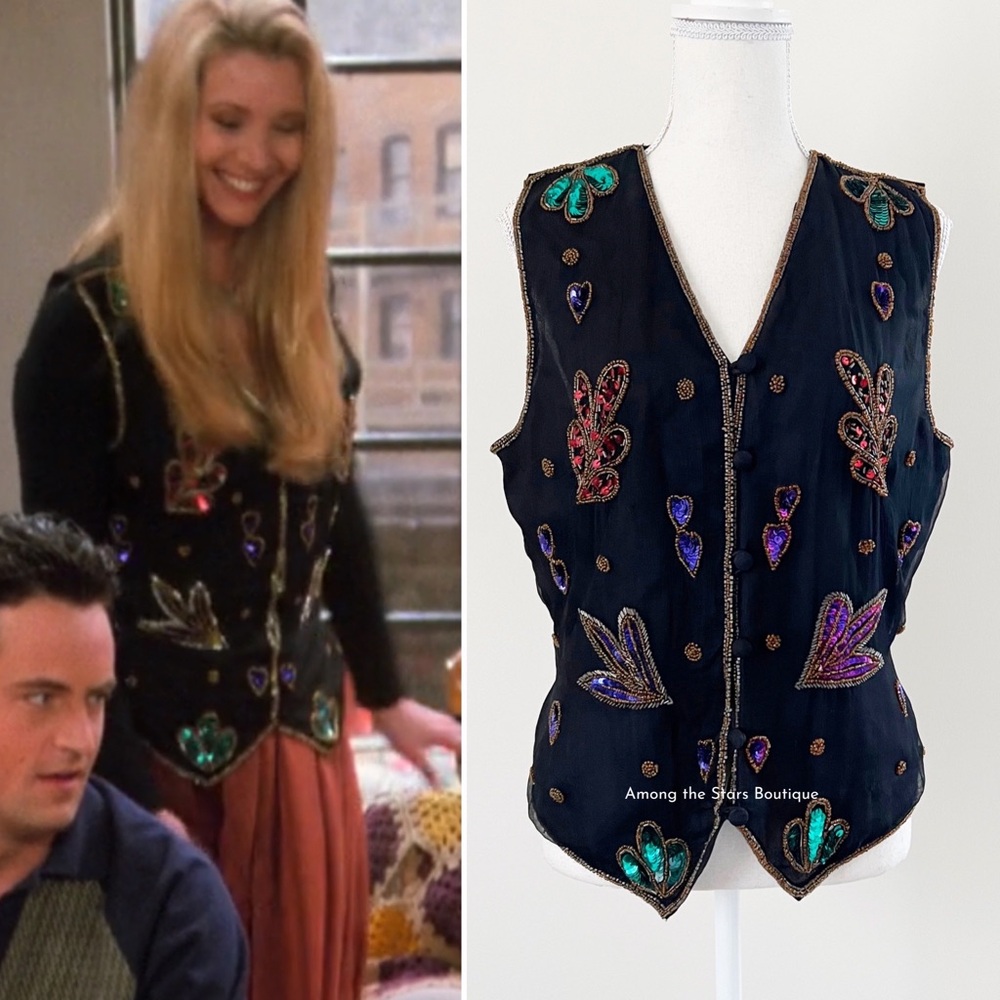 Rare 90s Vintage Embellished Sequin & Beaded Silk Vest ASO Phoebe in Friends - Picture 5 of 14